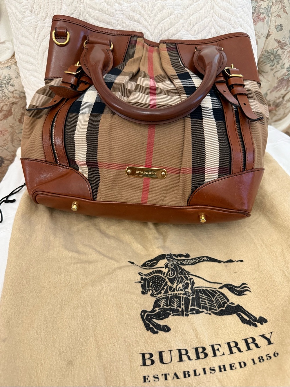 Burberry Classic Check Tote in Tan and Brown with Red Stripe